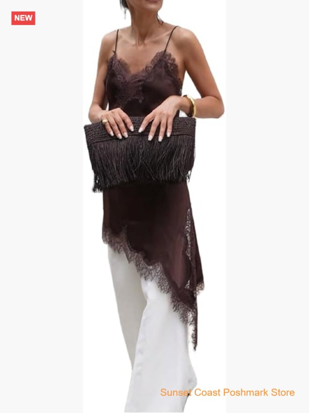 Satin Lace Trim High Low Tank Top Sleeveless V-Neck Spaghetti Strap Cami